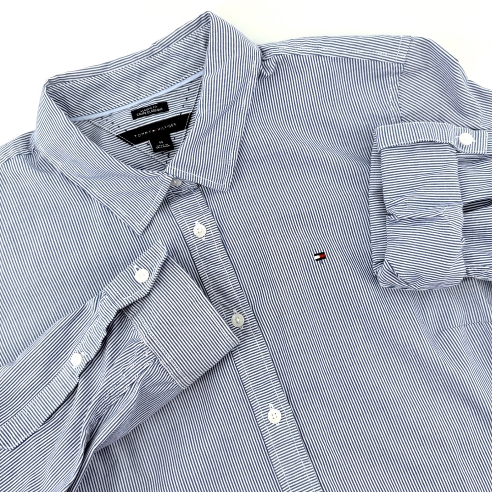 Tommy Hilfiger Button Up Womens Medium Blue Striped Excellent Roll Tab Sleeve
